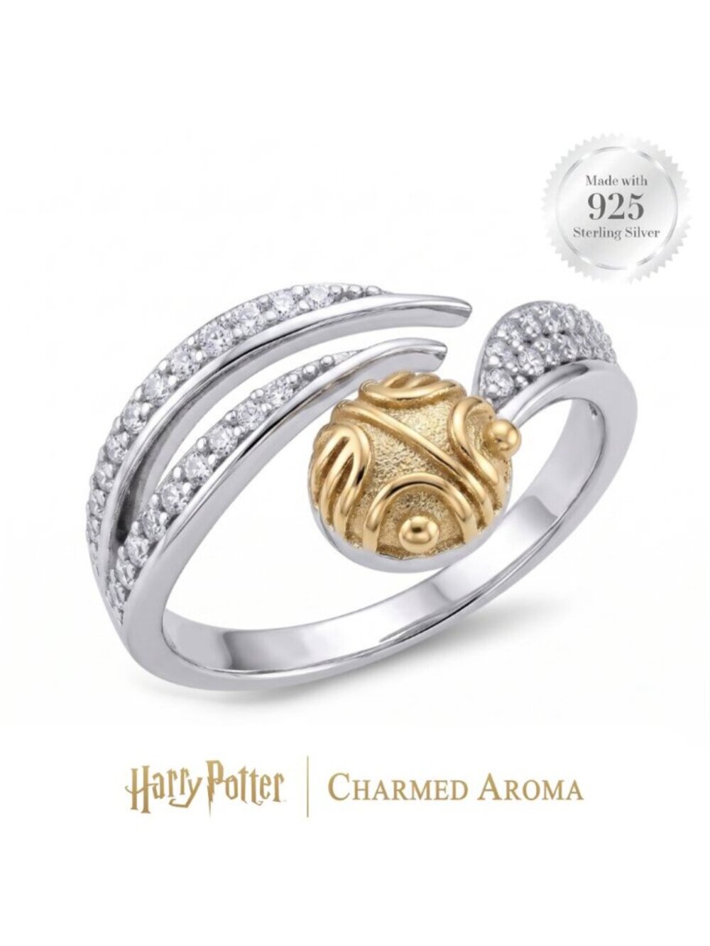 Harry Potter Flying Golden Snitch Ring, solid 925 Sterling Silver